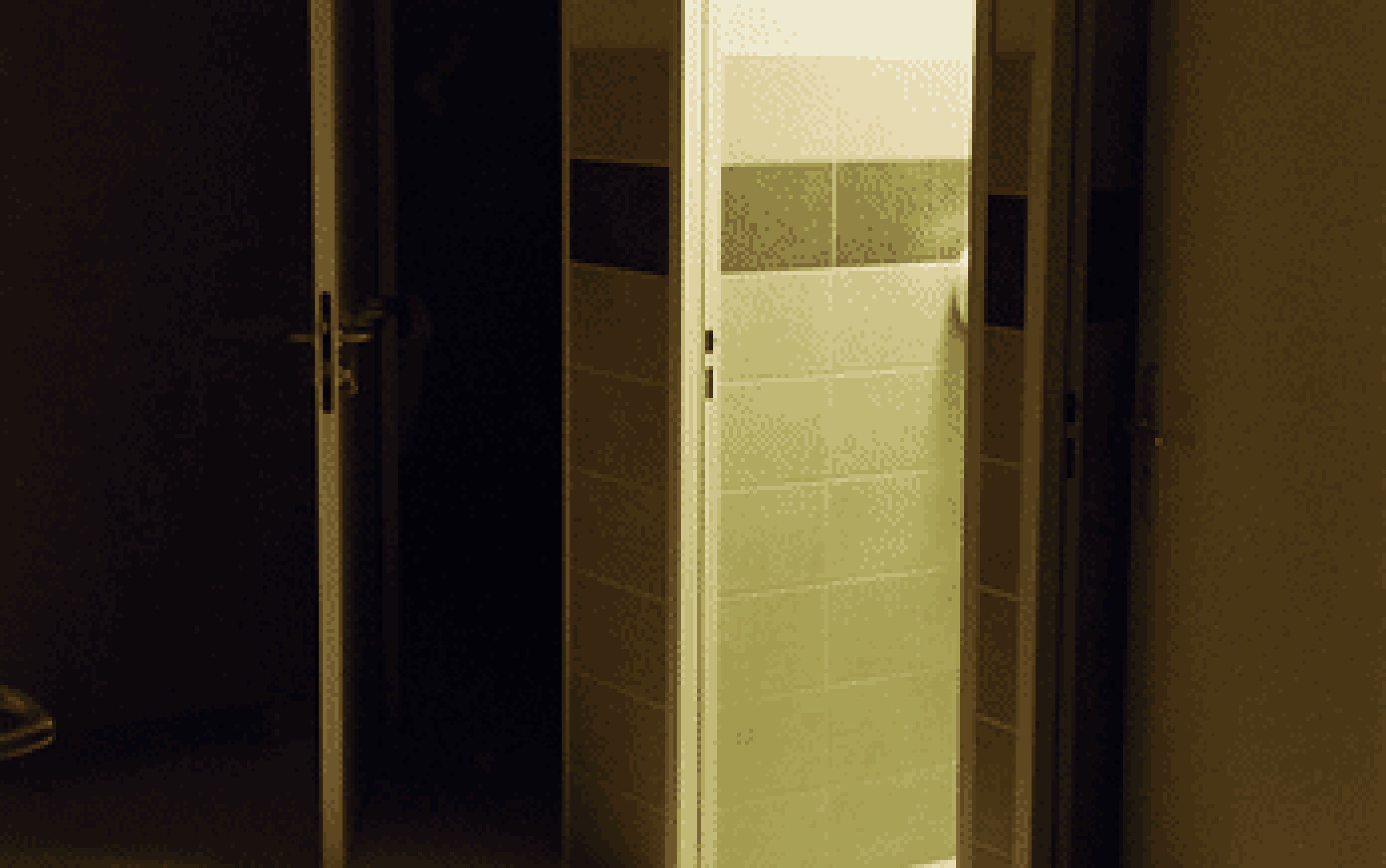 Three open doors in a dim hallway, with bright light spilling through the middle doorway.