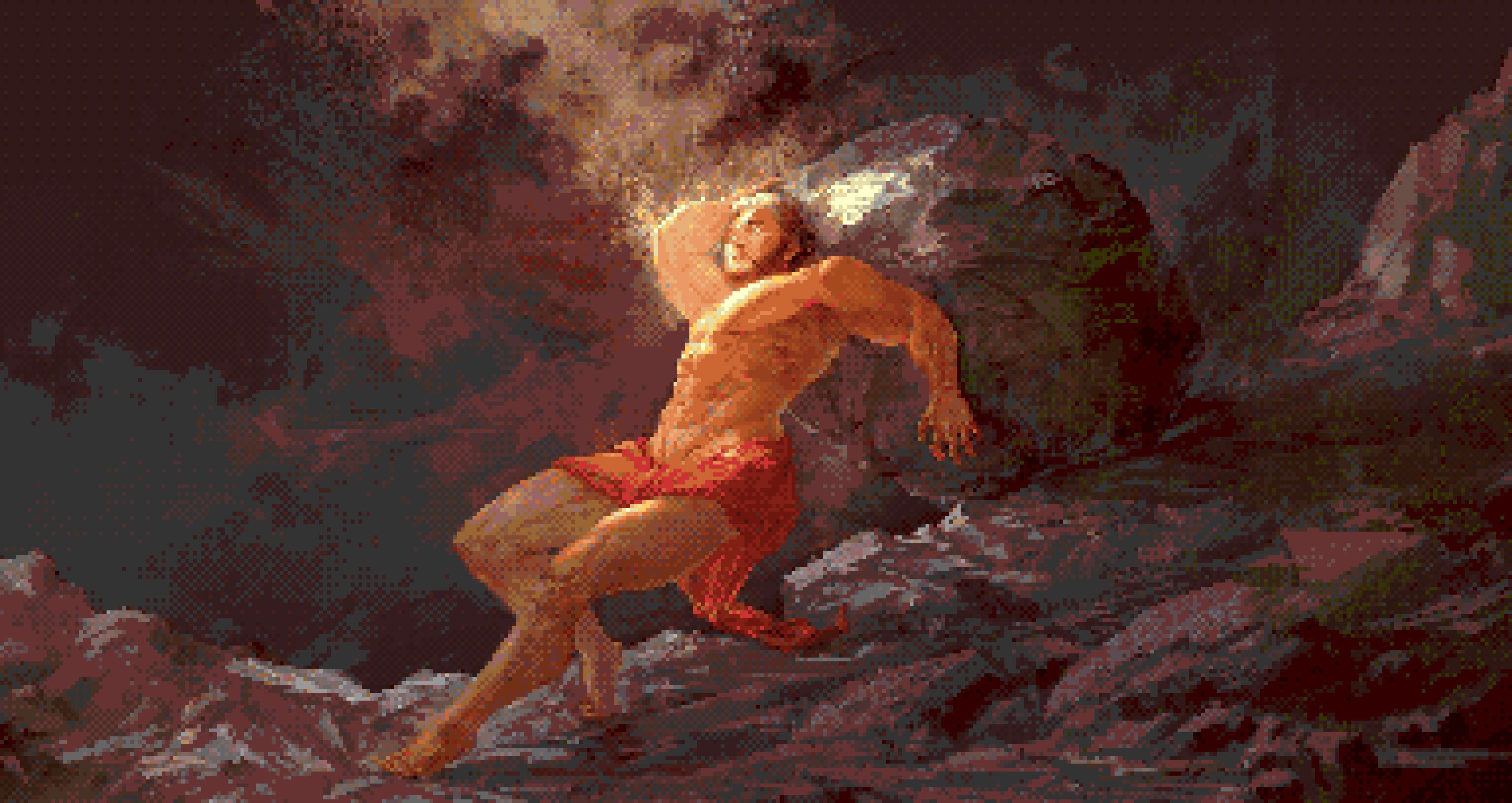 A muscular man in ancient Greek attire straining to push a massive, rounded boulder up a steep, rocky incline.